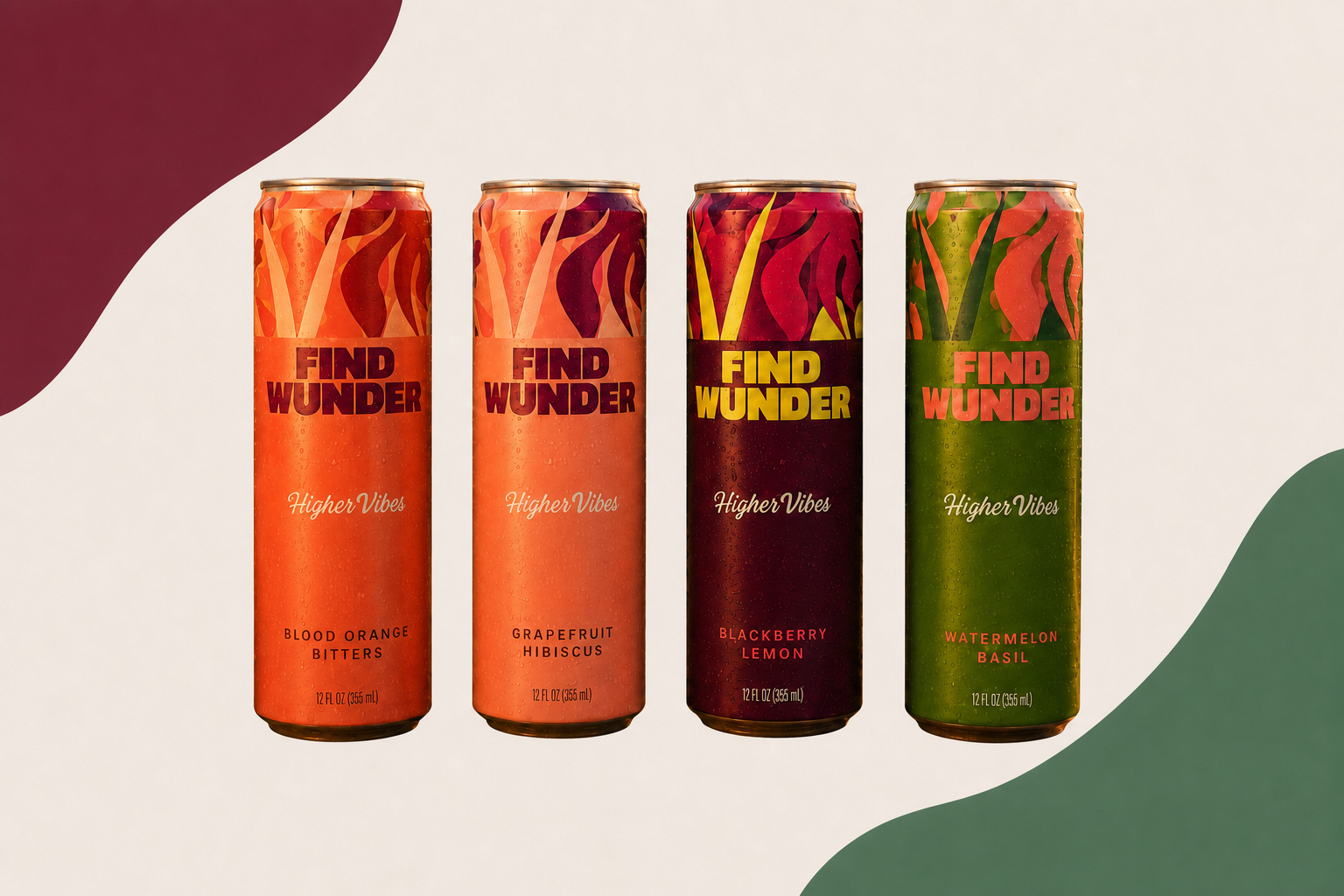 Four Higher Vibes cans: Blood Orange Bitters, Grapefruit Hibiscus, Blackberry Lemon, and Watermelon Basil.