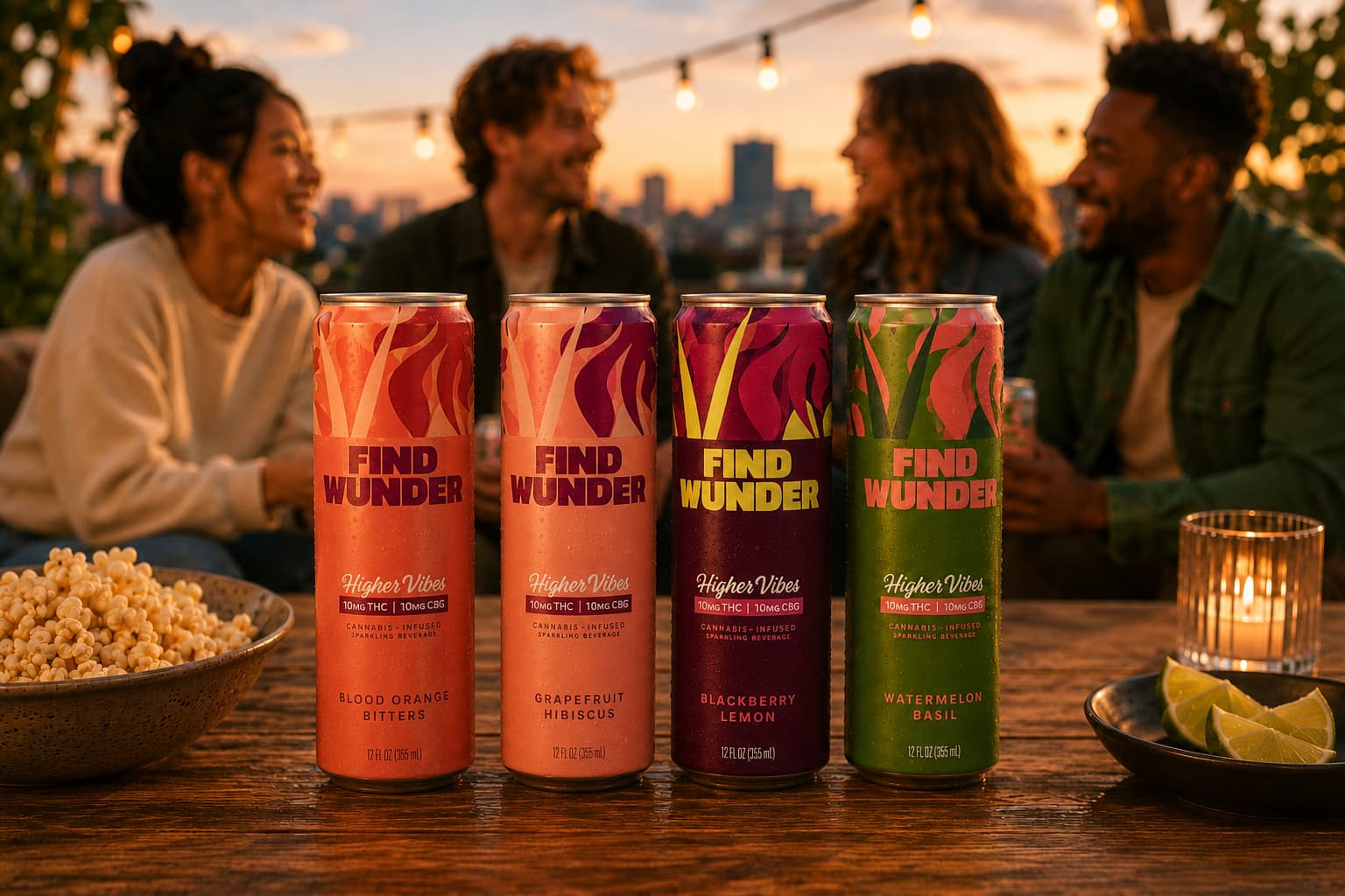 Four Higher Vibes cans: Blood Orange Bitters, Grapefruit Hibiscus, Blackberry Lemon, and Watermelon Basil.