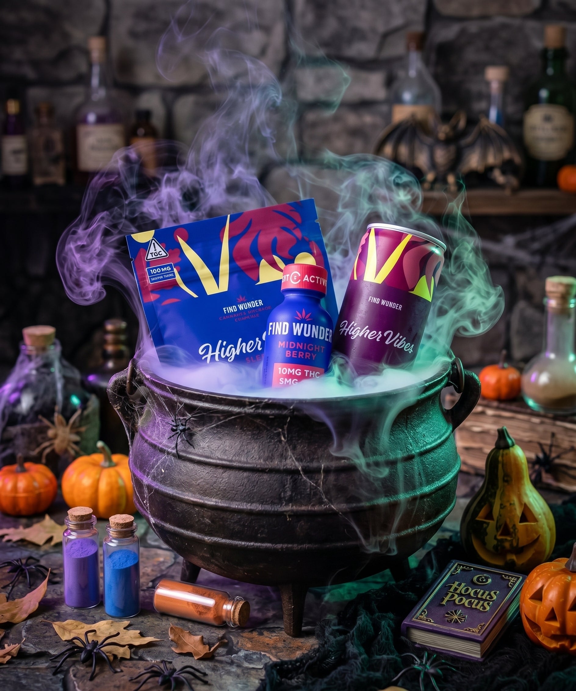 Midnight Bundle gummies, Midnight Berry shooter and Higher Vibes Blackberry Lemon can in a smoky Halloween cauldron